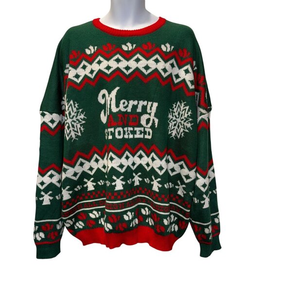 Rare Dutch Bros Brothers Christmas Sweater Mens M Merry and Stoked Ugly Holiday - Picture 1 of 9
